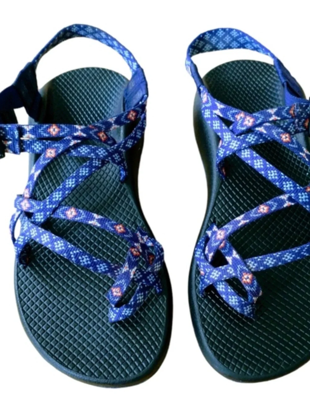 Chaco Women's Navy Patterned Strap Sandals with Black Footbed